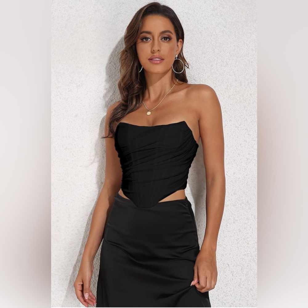 Women's Vintage Strapless Open Back Boned Mesh Bustier Corset Crop Top Black XS